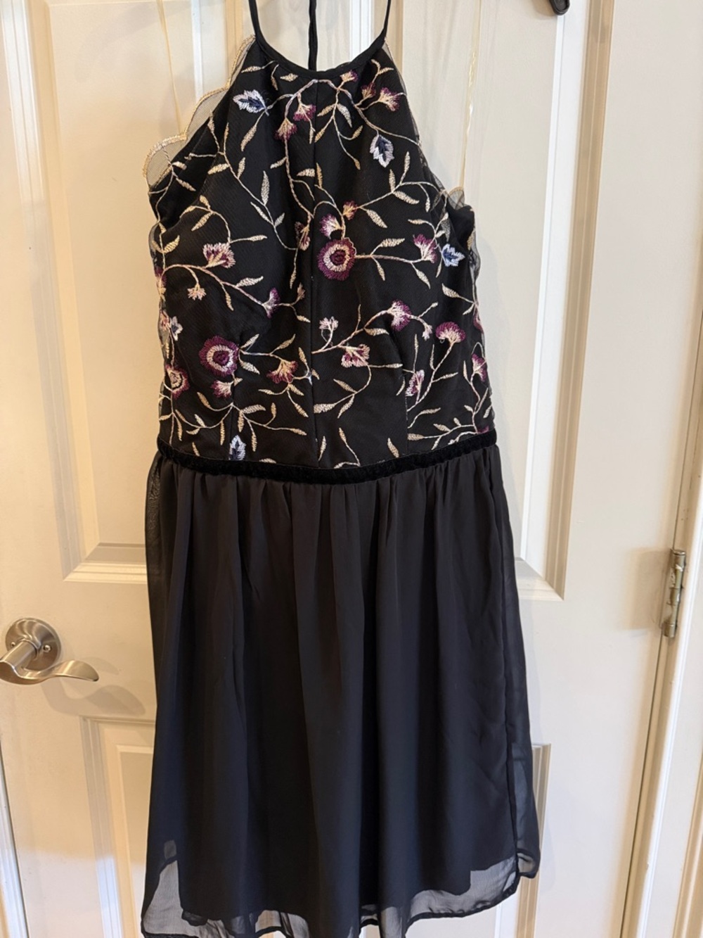 Francesca's Collections Black Dress with Pink & Cream Floral Embroidery